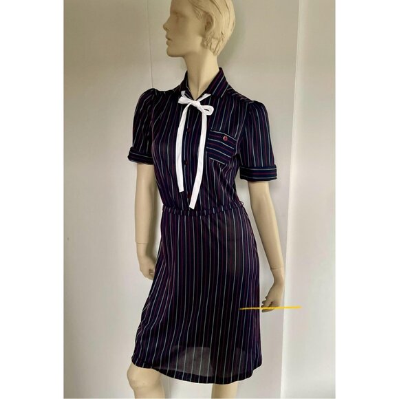 1970s Dress, Size M, Navy Pinstripe Midi Dress with Neck Tie - Picture 1 of 10